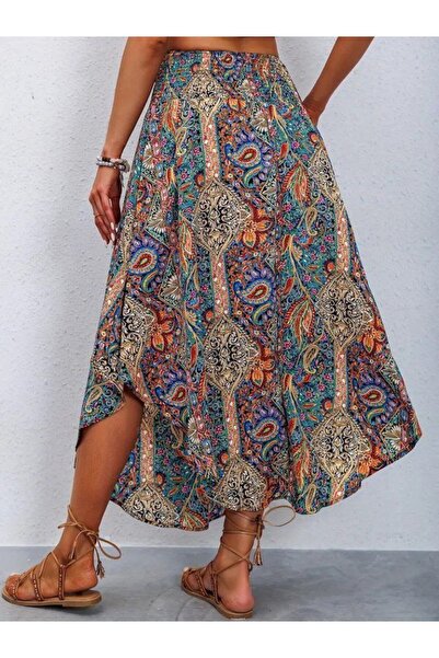 Lunedemode Bohem Desenli Asimetrik Kesim Midi Etek