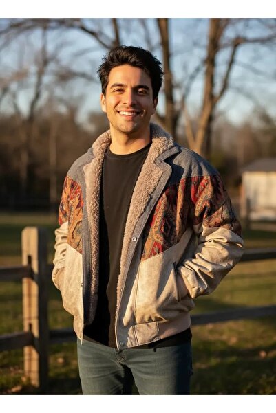 CANMODA (7847) Recien Unisex Fur-Trimmed Yaka Vintage Aztek Jacket Oversized ...