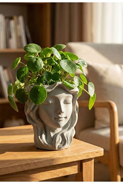 Store Dekoratif Kadın Yüz Beton Saksı - Modern Salon & Ofis Bitki Saksısı