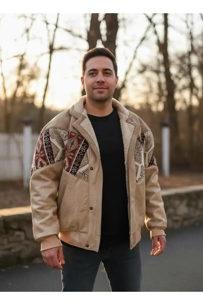 CANMODA (7863) Recien Unisex Fur-Trimmed Yaka Vintage Aztek Jacket Oversized ...