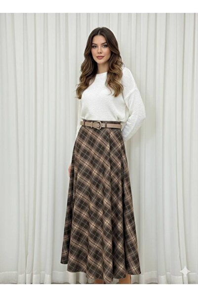 Enga Vera Women's Plaid Patterned Long High Waist Side Zipper Lined Skirt (Br...