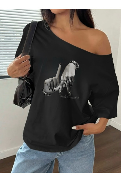 FUFLUNS تي شيرت نسائي مطبوع يدويًا ذو ياقة قاربية كبيرة الحجم