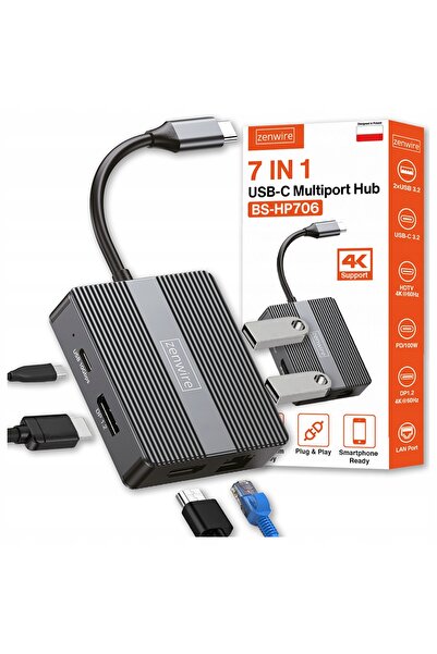 zenwire Adaptor USB-C 7in1 BS-HP706, 4K 60Hz, 100W, argintiu, 10.5x3x1.2cm