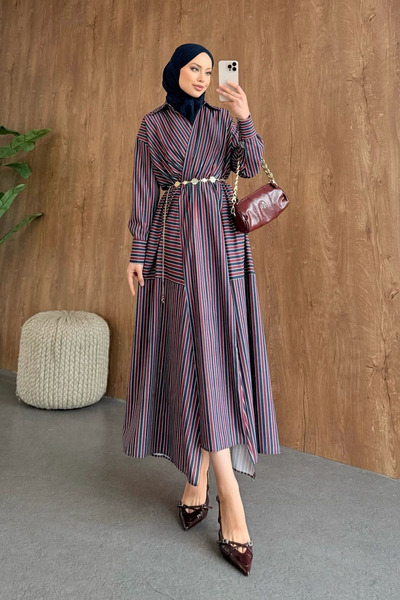 Hazamoda فستان هاواي مخطط باللون الأزرق الداكن