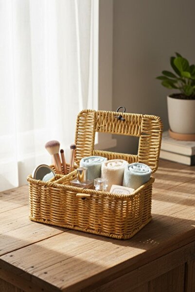 plentiful منظم للمكياج والمجوهرات والمناشف بمظهر خوص طبيعي مع غطاء مقسم - حام...