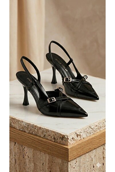 diclepolat Γυναικείο μαύρο τσαλακωμένο λουστρίνι με μυτερή μύτη Με αγκράφα Sl...