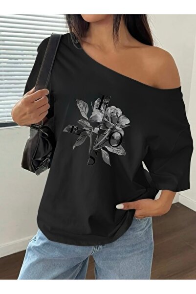 FUFLUNS Rose Flower Printed Oversize Women's Boat Neck T-Shirt