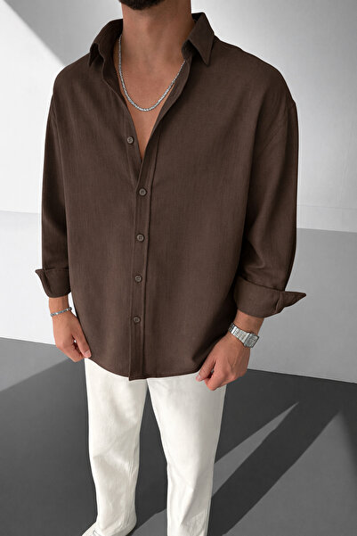 WAMOSSALAPLI Ayrobin Textured Owersie Linen Brown Men's Shirt