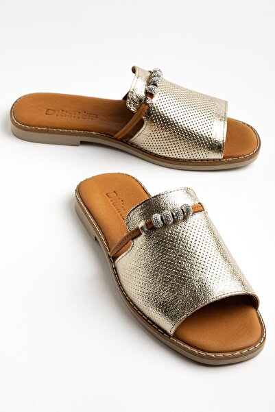 Dilimler Ayakkabı Genuine Leather Women's Flat Heels Slipper Gold Face Laser ...