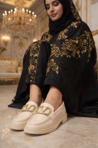 OUTLET41 Women's Ballet Flats Beige Skin V Buckled Daily Comfortable Loafers ...