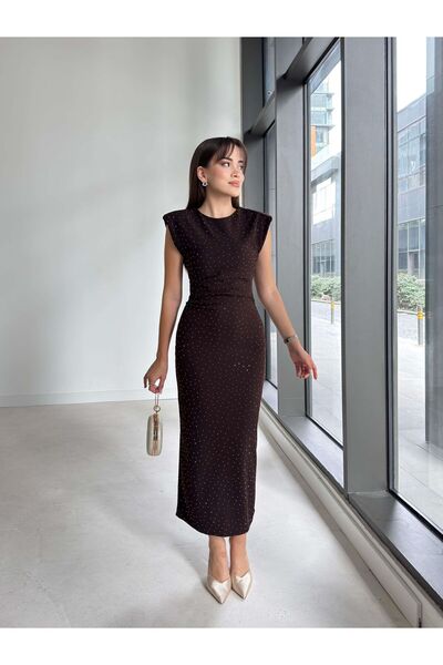 Look Kadıköy Kadın Taş Detaylı Omuz Vatkalı Midi Elbise
