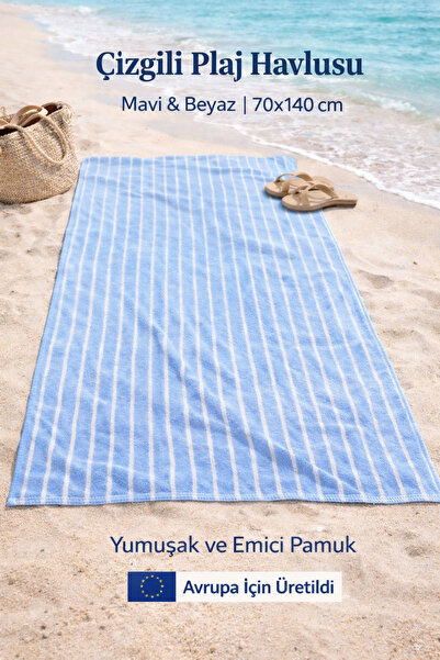 MERTİM Prugasto Plažni peškir 70x140 cm plavo beli Pamuk paketa upijajućih pe...