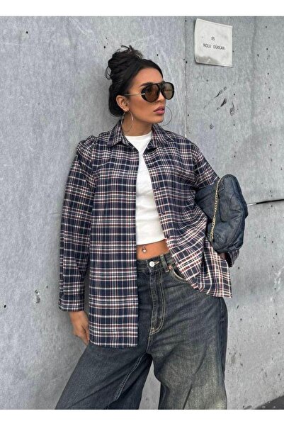 Butik Kadın Oversize Ekose Uzun kollu Regular Gömlek