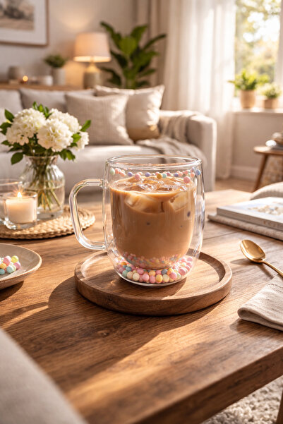 Pastel Boncuk Detaylı Çift Camlı Cam Kupa – Isıya Dayanıklı Şeffaf Kahve - Çay Bardağı