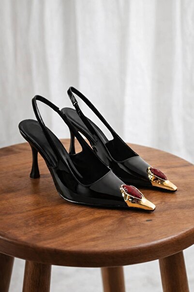 diclepolat Γυναικείο μαύρο λουστρίνι Παπούτσι με τακούνι χρυσό μεταλλικό κόκκ...