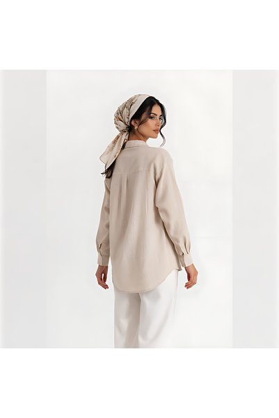 ArdaEge Women's Oversized Beige Pocketed Muslin Shirt 100% Cotton