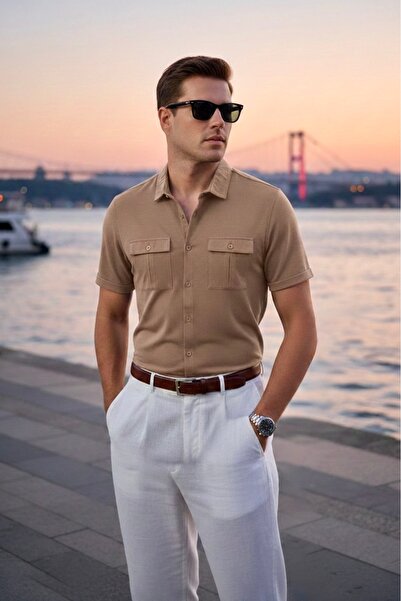 Maccali Men's Trend Mercerized Double Pocket Brown Polo Collar T-Shirt