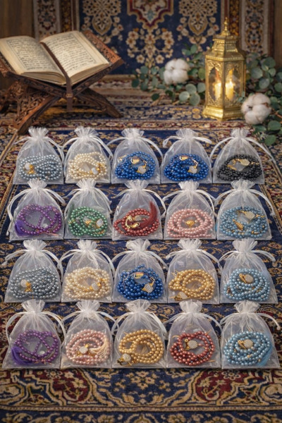 GÜLİSTANHAC 41 Adet Hediyelik Tüllü Plastik İnci Vavlı Püsküllü Namaz Tesbihi...