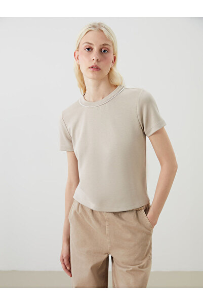 LC Waikiki Nevavm Women's T-Shirt with Oval Collar and Bead Embroidery