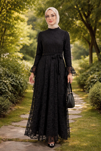 bellura Çiçek Desenli Dantelli Kolu Volanlı Kemerli Astarlı Elbise