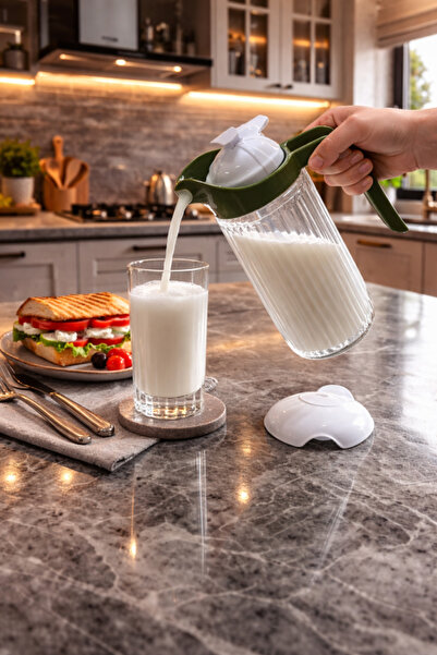 abenim 1500 cc Yeşil Kapaklı Cam Ayran Karıştırma Sürahisi (yedek kapaklı)