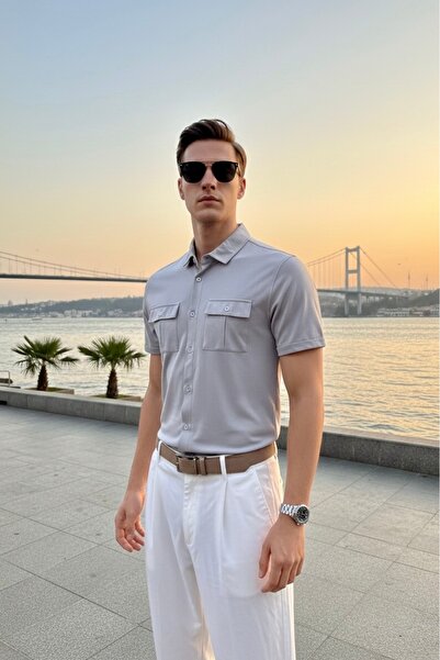 Maccali Men's Trend Mercerized Double Pocket Gray Polo Collar T-Shirt