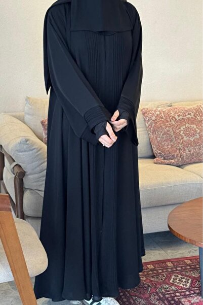 Karmen Najwa Royal Crepe Abaya, jet black, half-circle cut, closed with a hid...