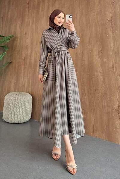 Şulemoda Giyim مخطط فستان قميصي كاكي