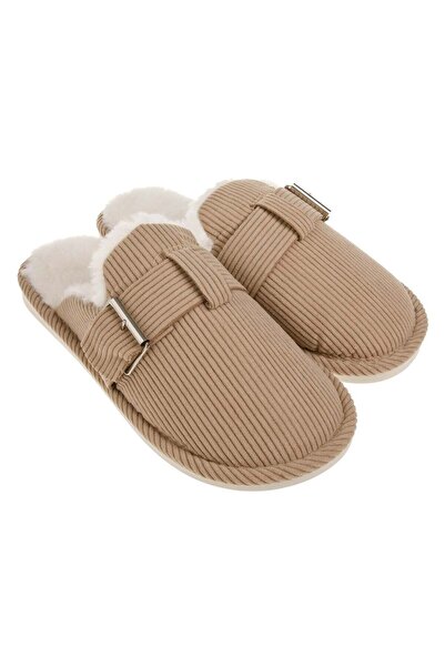 OEM Papuci Bej Ecru cu Blana Artificiala & Curelusa pentru Copii 40-41