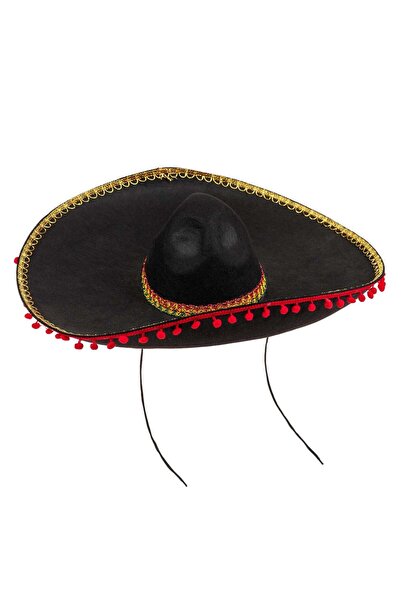 OEM Black Mexican Costume Hat with Red Pom Poms for Adults