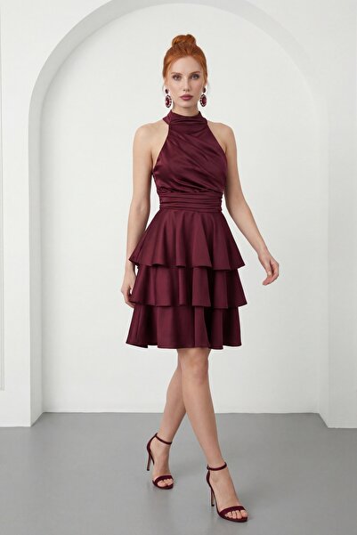Lafaba Women's Burgundy Halter Neck Satin Mini Homecoming Evening Dress
