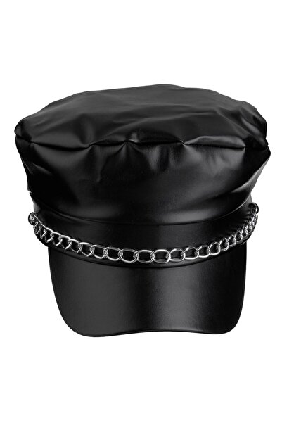 OEM Adult Black Faux Leather Fancy Dress Hat with Silver Chain
