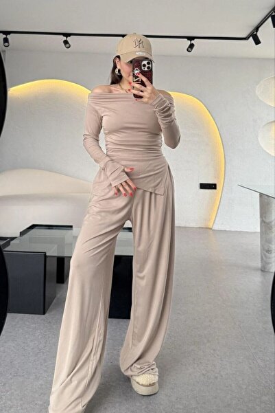 SLAW REZZ Γυναικείο Σετ ντραπέ Ασύμμετρης Κοπής Μπλούζα και Παντελόνι Μοντάλ Σετ