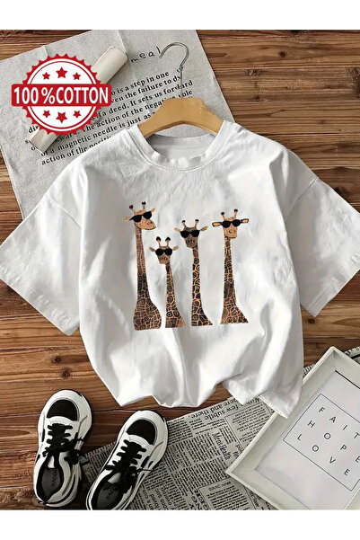 AEMİ Unisex Giraffes Printed Oversized Crew Neck T-Shirt