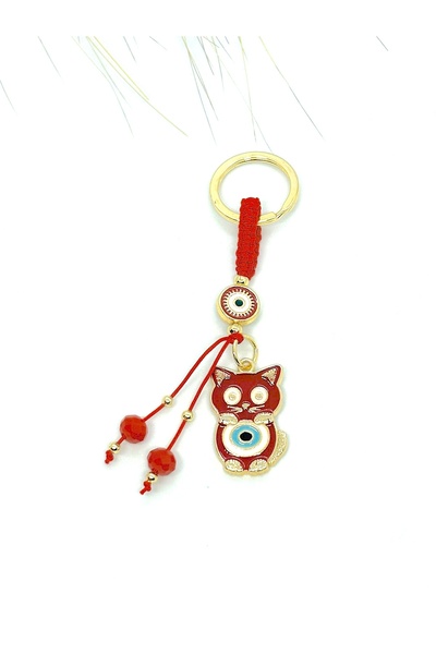 Azrua Red Cat Metal Keychain, Luck Keychain, Metal Evil Eye Bead Keychain