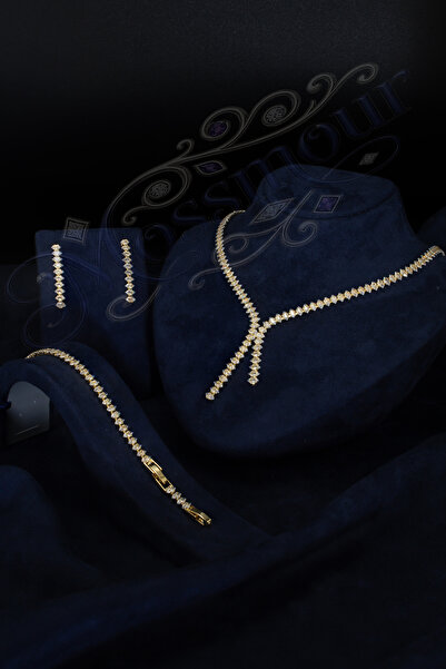 MOSSMOUR Markiz Kesim Zirkon Taşlı Gold Kolye Bileklik Küpe Set / Gelin Seti ...