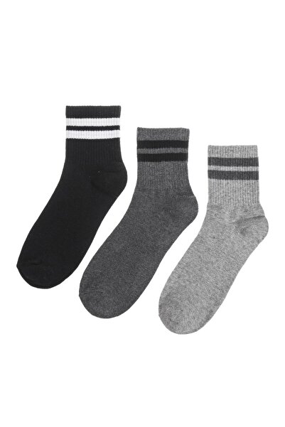 OEM Sosete Barbati Sport Fancy Mid Cut Gri Antracit Negre cu Dungi - 3 perech...