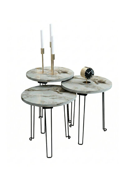 OKAE طقم طاولات خدمة دائرية متداخلة 3 قطع سطح خشبي بتصميم رخامي وأرجل معدنية ...