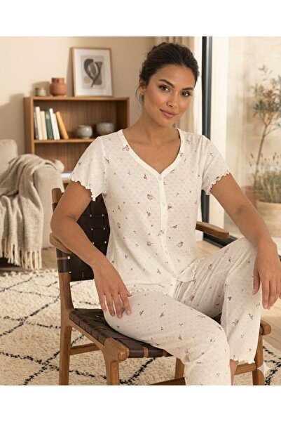 İpek Ženska pidžama sa kratkim rukavima Na dugmad sprijeda 100% pamuk sa cvet...