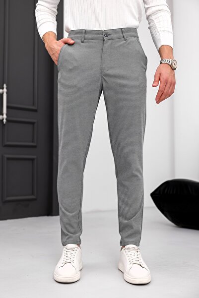 Ser Joven Men's Dark Gray Slim Fit Patterned Dobby Casual Trousers