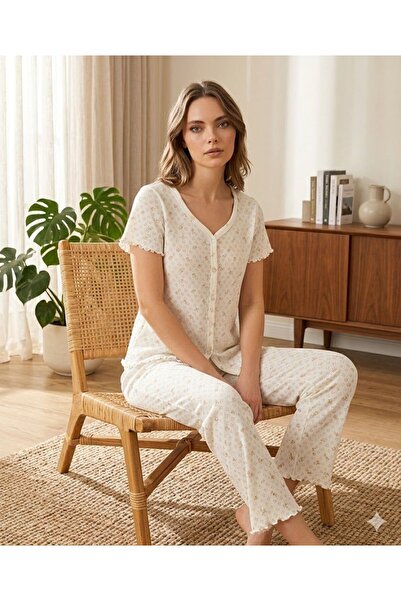 İpek Ženska pidžama sa kratkim rukavima Na dugmad sprijeda 100% pamuk sa cvet...