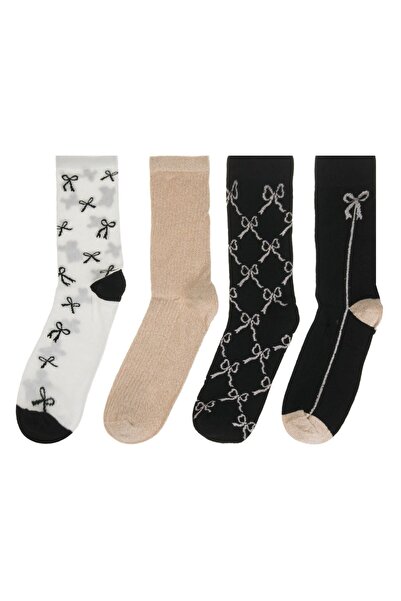 OEM Ecru Beige Black Socks with Gold Lurex Bow Pattern for Women - 4 pairs 37-41
