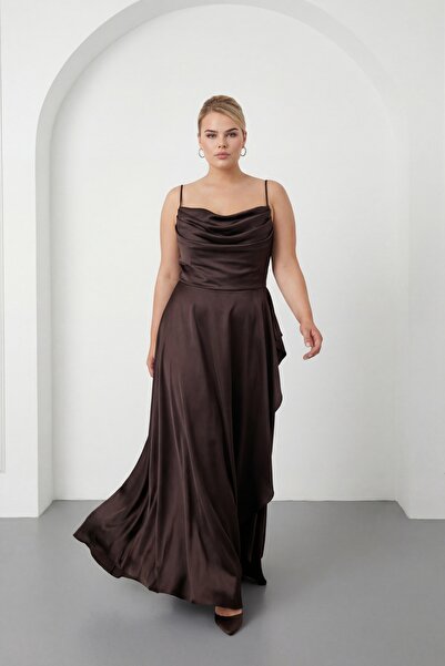 Lafaba Women's Brown Ruffled Slit Plus Size Satin Evening Gown Graduation Dress