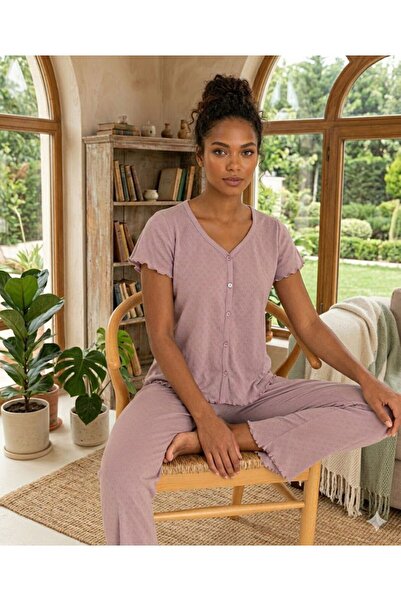 İpek Women's Short Sleeve Button-Front 100% Cotton Flower Pattern Corded Fabr...