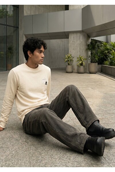 Butikayandon Men's Ecru Crew Neck Regular Fit Front Printed 3 Thread Sweatshirt