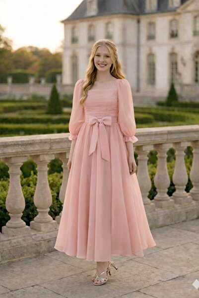 Tarz Çocuk Kız Çocuk Şifon Uzun Kollu Abiye Elbise – Belden Fiyonklu, Midi Bo...