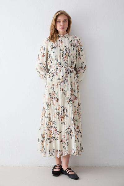 Melike Tatar Desenli Piliseli Elbise 22-92024