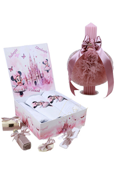 GoVo Kids Trusou botez cu lumanare, Minnie Mouse, Roz – Set complet botez, 8 ...