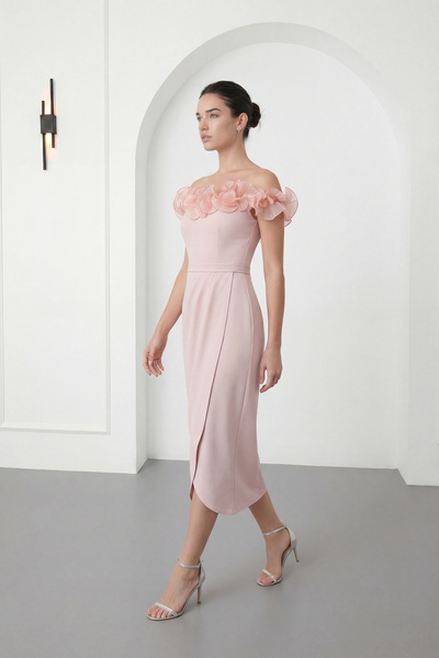 Lafaba Women's Powder Color Boat Neck Flounce Detail Promise Engagement Weddi...