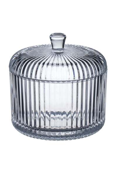 OEM Transparent Glass Candy Box with Lid and Ribbed Embossed Pattern 300ml